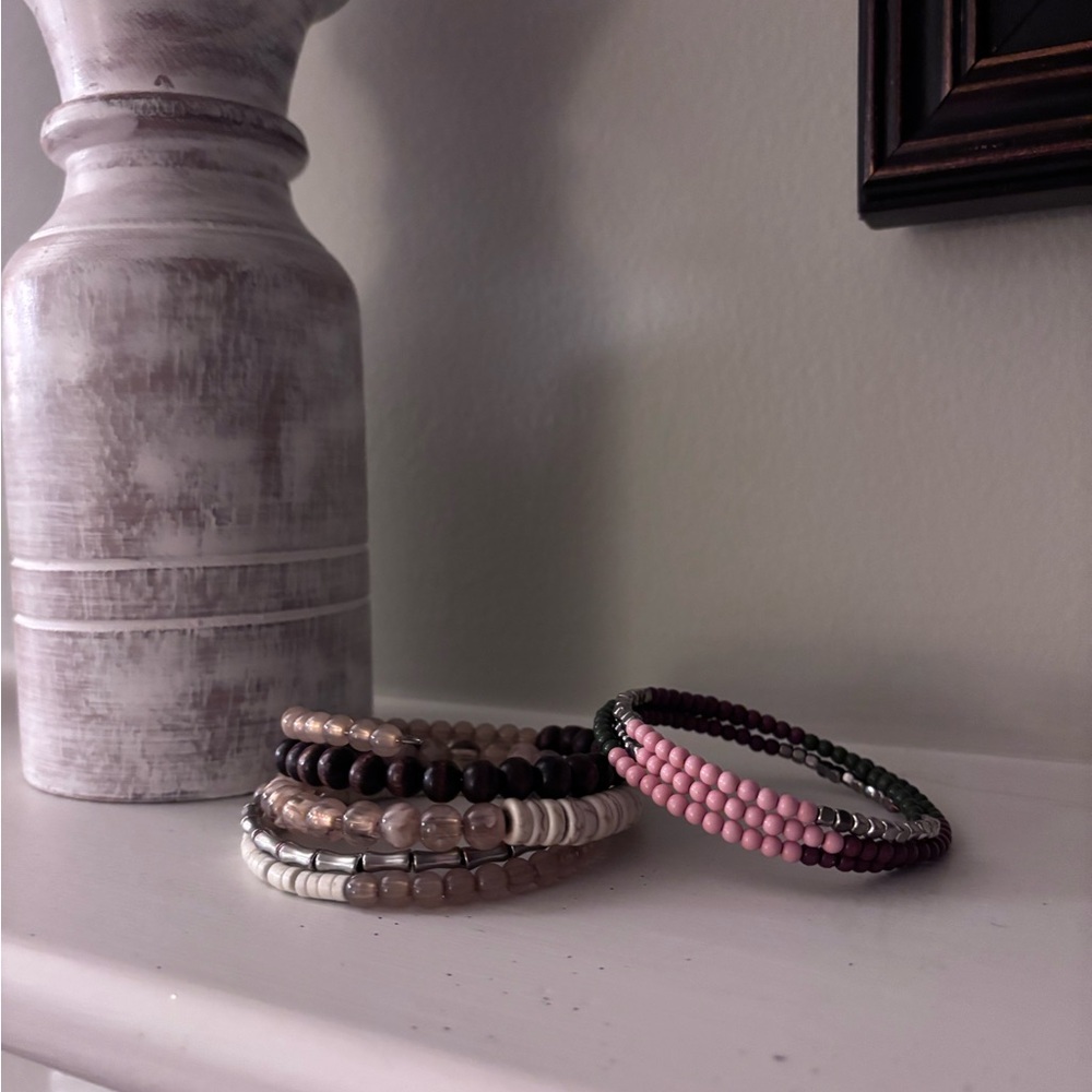 Pair of Two Boho Coil Wrap Stretch Beaded Bracelets
